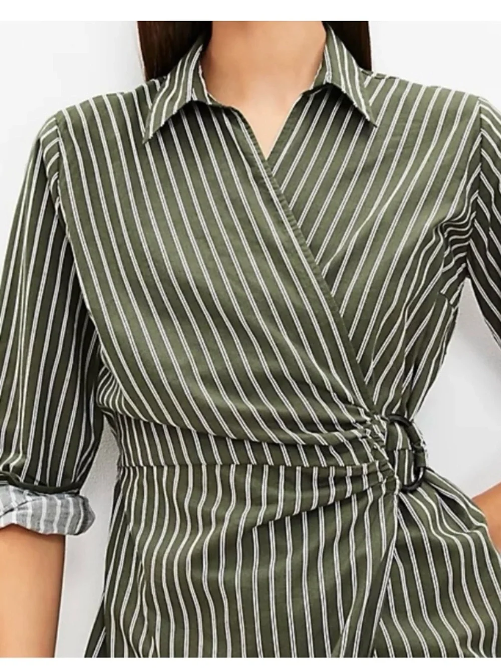 Loft striped Olive Green Pinstripe Wrap Shirtdress - Picture 2 of 5